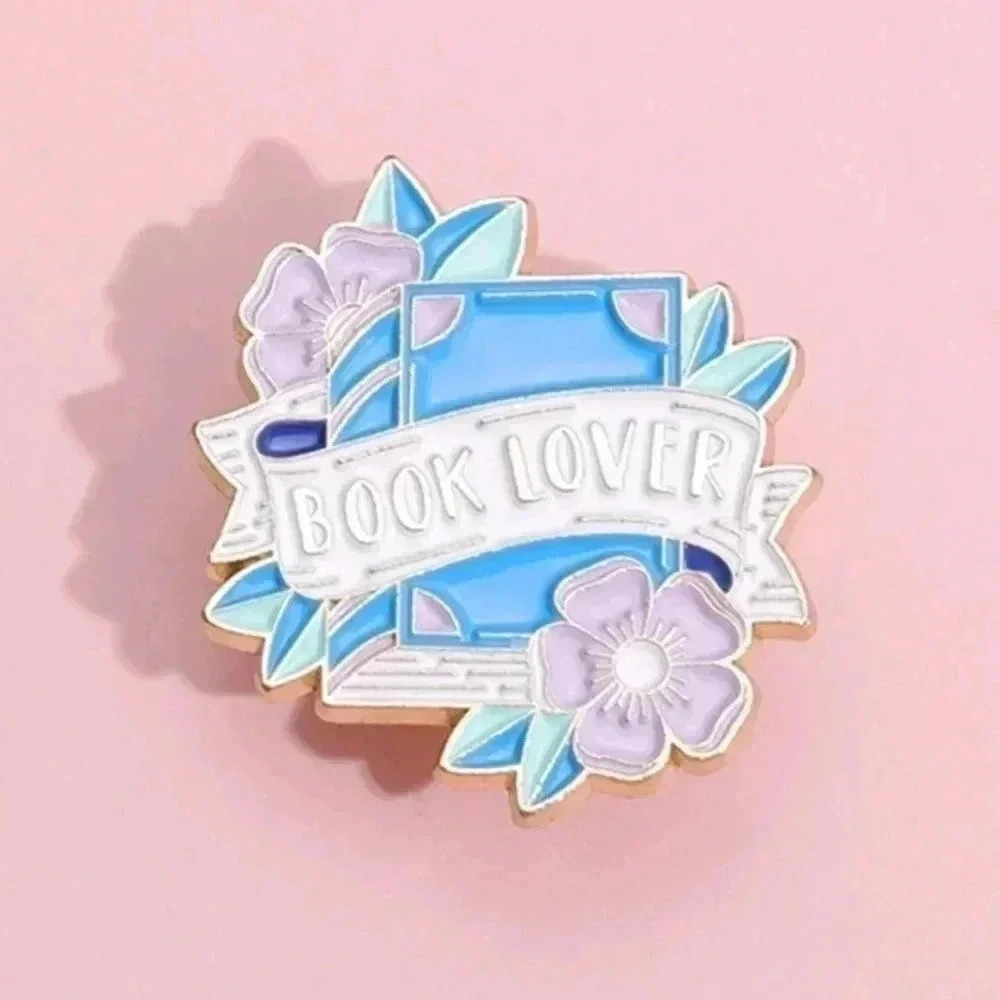 Book lover brooch pin collectible gold and blue floral design nature bag chain